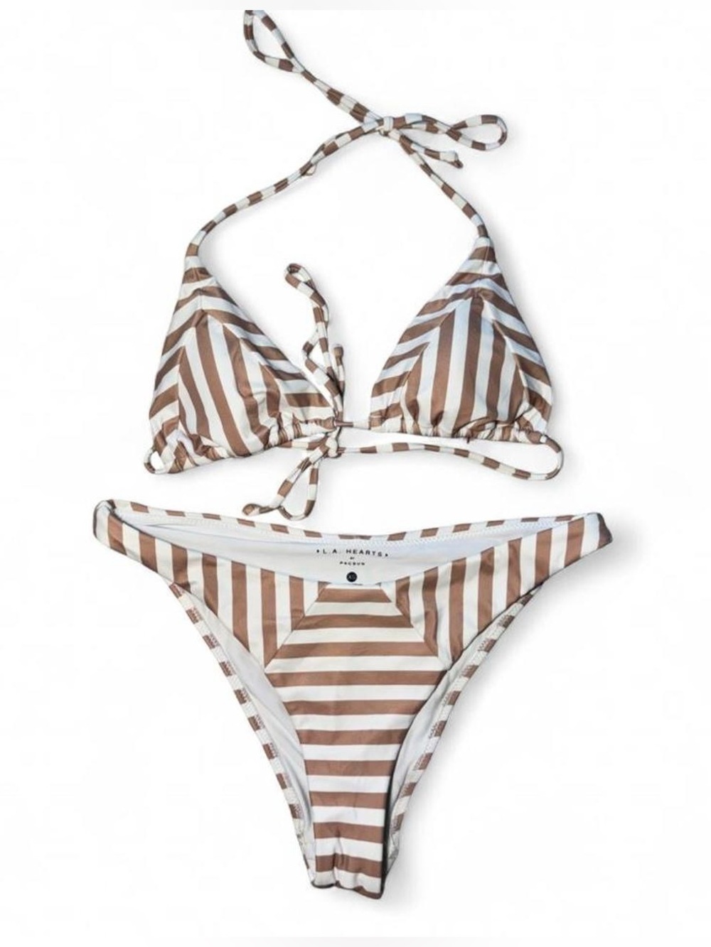 PacSun brown and white striped triangle bikini set Size small⏹️